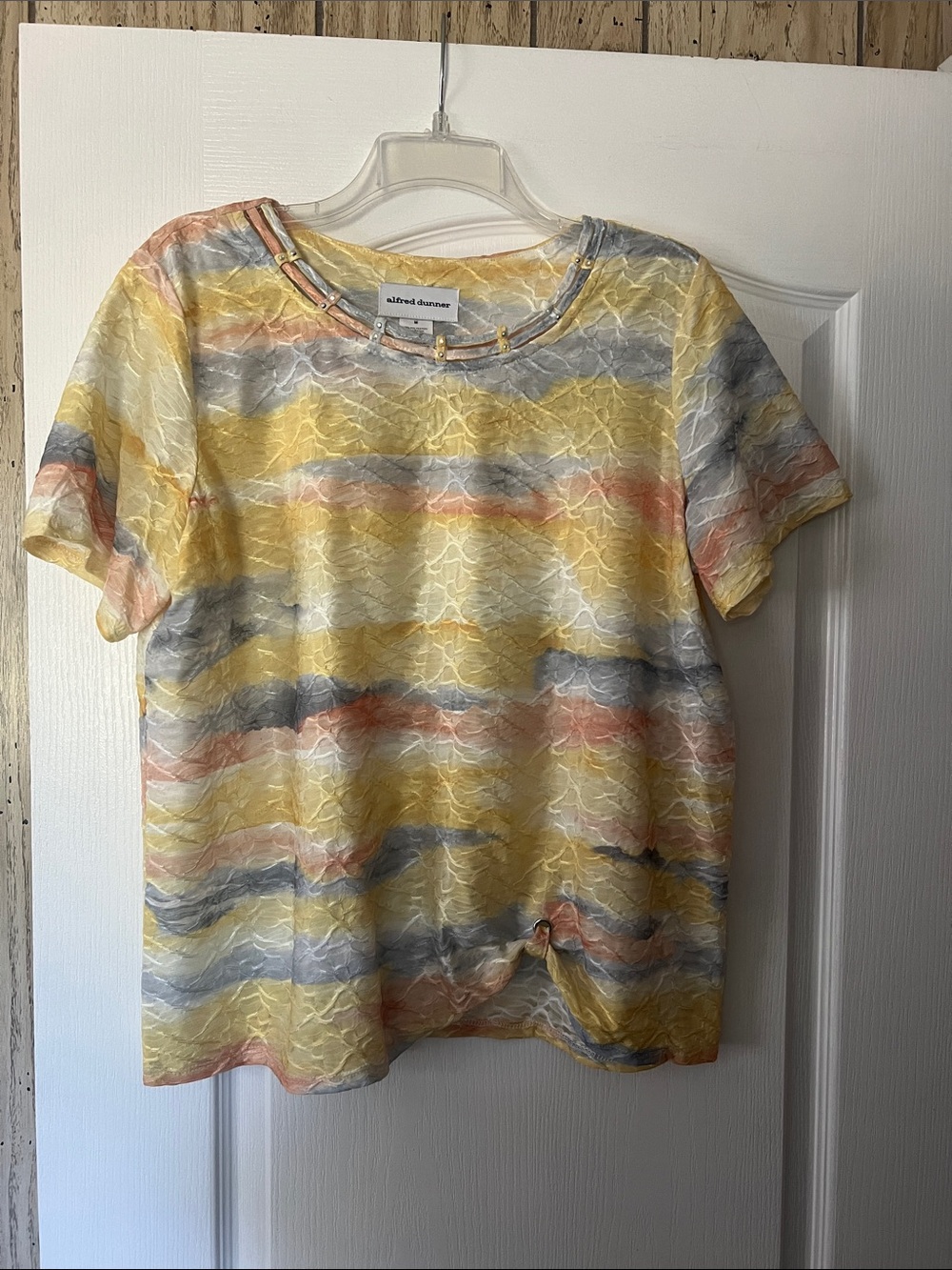 Alfred Dunner Yellow Multi Wave-Stripe Short Sleeve Top